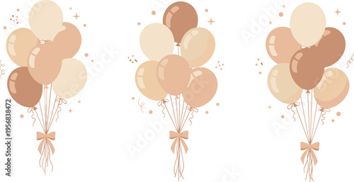 Neutral Toned Balloon Bouquet Set with Elegant Ribbons and Sparkles for Event Decorations, Party Themes, and Digital Illustrations