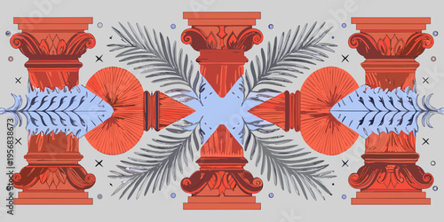 Symmetrical arrangement of classical columns and palm fronds in red and blue