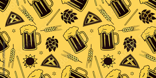 A seamless pattern of beer mugs hops wheat and brewing elements