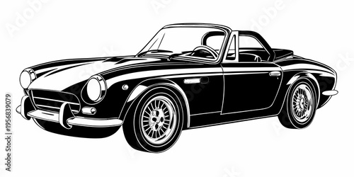 A black and white illustration of a classic convertible sports car
