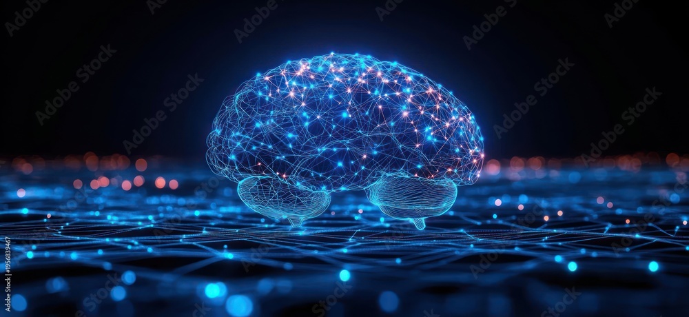 Obraz premium glowing digital brain of interconnected blue nodes and filaments hovering above a luminous network grid, evoking futuristic wonder and technological innovation