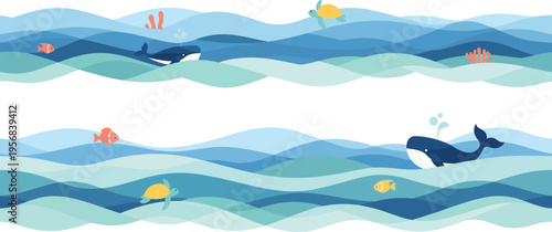 Ocean Underwater Scene with Whale, Fish, and Coral in Flowing Waves, Marine Life Illustration for Sea Nature Background and Aquatic Vector Design