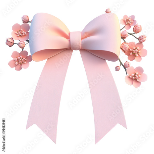 A beautiful pink bow with flowers on transparent background