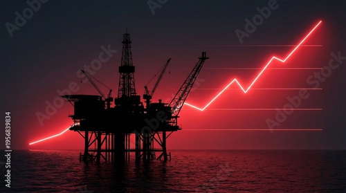 Dramatic Oil Rig Silhouette Against Bright Red Rising Graph