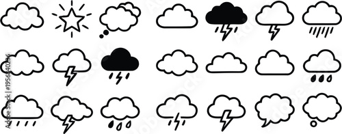 Weather forecast icons set featuring various meteorological symbols, including  clouds, suns, rain drops, lightning bolts, and stars. 