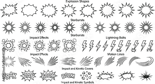 Various doodle-style graphic elements, primarily used to depict comic-style impacts, sunshine, and weather effects. 