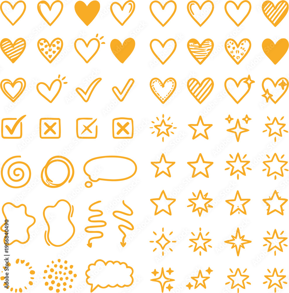 Obraz premium Variety of yellow heart shapes, stars, sparkles, check marks, speech bubbles, and abstract scribbles. 
