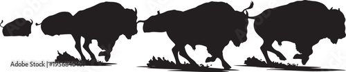Silhouette of bison herd running in the wild landscape