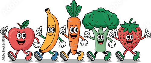 An apple, a banana, a carrot, a head of broccoli, and a strawberry all give a positive thumbs-up as healthy mascots.