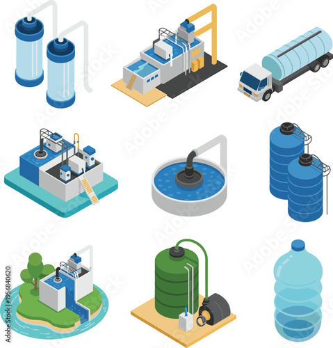 Isometric water treatment plant vector illustration with filtration systems tanks pipelines purification equipment tanker truck and clean water supply infrastructure