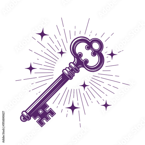Vintage key vector illustration with magic sparks and sunburst rays decoration