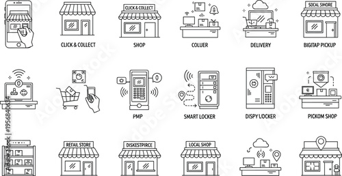 Online Shopping and E Commerce Storefront Line Icon Set with Mobile Ordering, Delivery, Pickup, Payment, and Marketplace Symbols