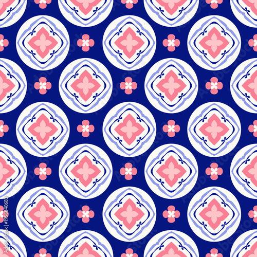 Pastel pink and navy floral medallion tile seamless pattern