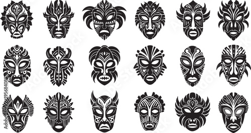 Collection of unique tribal masks with various designs and patterns