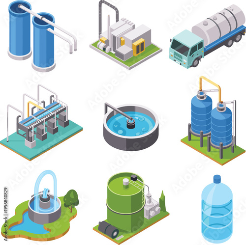 Isometric water treatment system vector illustration with filtration tanks plant equipment pipes storage reservoirs purification process and clean water supply infrastructure