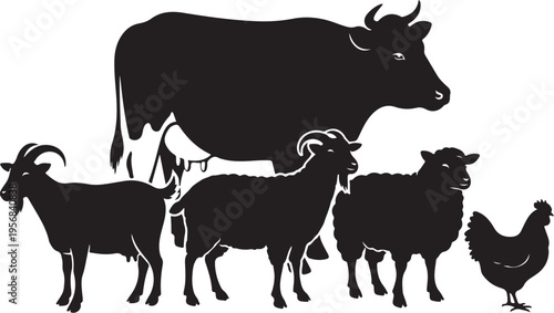 Black silhouettes of farm animals on white background illustration
