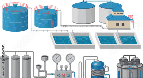 Isometric water treatment plant vector illustration with storage tanks filtration system pipes reservoirs purification process industrial wastewater management equipment