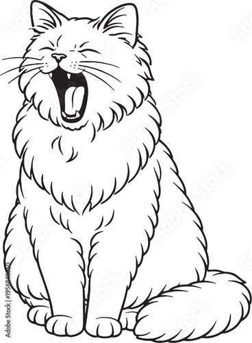 Siberian Cat Yawning Line Art, Fluffy Cat Open Mouth Black White Vector Illustration