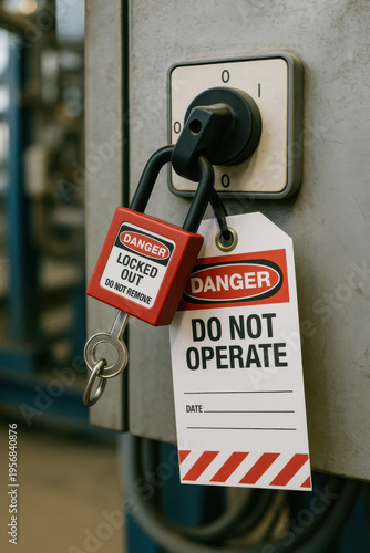 Red safety padlock and warning tag on power switch, critical lockout procedure concept in manufacturing plant. This secure lockout ensures danger prevention and machine isolation