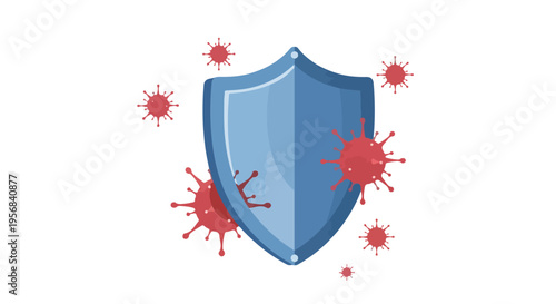 Illustration of a blue shield surrounded by red virus particles on a white background, symbolizing protection during world immunization week