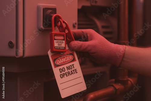 Professional worker hand applying safety lockout on industrial machinery. This serious scene shows critical maintenance procedure with padlock and danger tag for workplace safety
