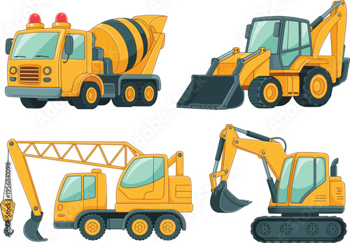 Set of construction machinery including cement mixer truck backhoe loader crane and excavator for heavy equipment industrial vector illustration