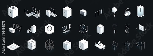 Grid of isometric white technology icons on dark background showing cubes, servers, monitors, laptop, keyboard, headphones, security tokens, shield and interface elements in a sleek minimalist mood