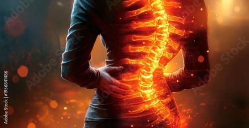 person clutching lower back with glowing fiery spine overlay, embers and warm light conveying intense back pain and discomfort