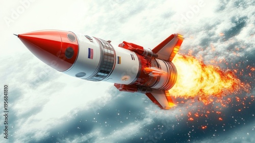 Sleek red-nosed rocket spacecraft with round portholes and national flag decal roaring through cloudy sky with blazing engine flames, sparks and a dynamic, thrilling ascent