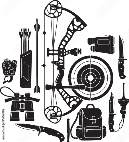 Black and white illustration of various outdoor adventure tools