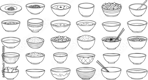 Hand-drawn collection of various bowls. Line art illustrations of empty and filled dishes, including rice, soup, noodles, fruits, and snacks. Black and white vector set.