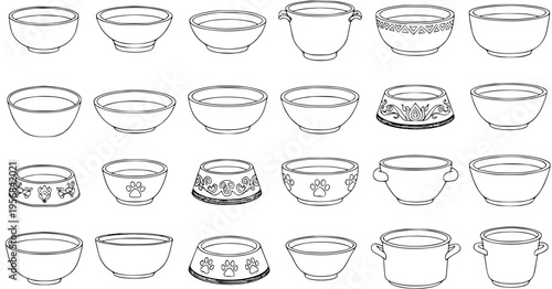 Collection of various black and white outline drawings of different types of bowls, including plain bowls, decorative pet food bowls with paw prints, patterned dishes, and kitchen pots with handles.