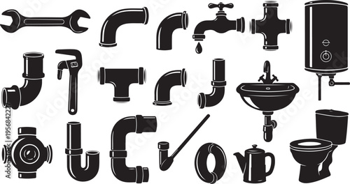 Plumbing tools and fixtures in black and white icons