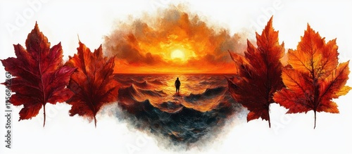 lone silhouette walking across stormy ocean waves toward a blazing sunset framed by oversized crimson maple leaves, evoking solitude and awe