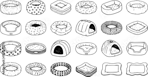 Hand-drawn line art set of various pet beds: dog beds, cat beds, cushions, and shelters. Outline illustration collection of different animal sleeping accessories and houses.