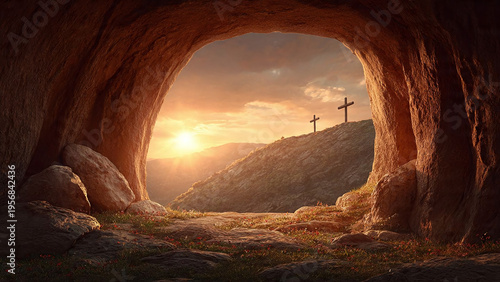 Sunset view from cave with crosses on distant hill