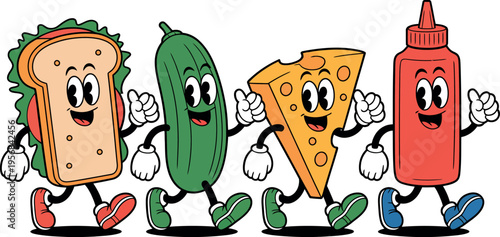 A smiling group of picnic staples marches across the scene with happy, vintage-style faces. 