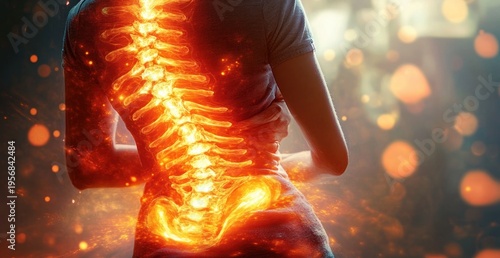 person clutching lower back with glowing fiery spine overlay, intense pain and inflammation, warm bokeh background