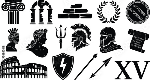Ancient Rome silhouette icons, Roman culture symbols, Colosseum, laurel wreath, soldiers, scroll, coin, trident, shield, architecture, history