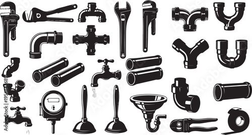 Black and white plumbing tools and pipes illustration set