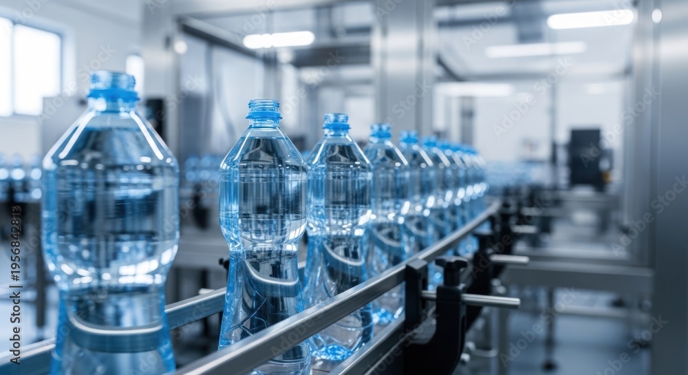 Fototapeta premium Production line of clear plastic bottles filled with water, moving down a conveyor