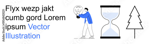 Innovation, time management, environmental sustainability, modern design, creativity, and ecology. Man holding a lightbulb, hourglass and tree outline. Innovation and time management visually