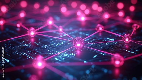 glowing pink node network connected by luminous lines over a blue circuit board, futuristic and dynamic