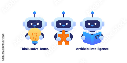 Three cute robots demonstrating concepts of innovative thinking problem solving and machine learning Vector