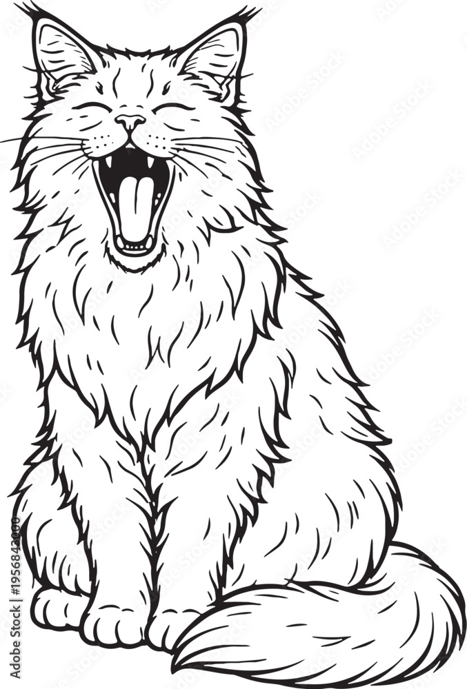 Obraz premium Maine Coon Cat Yawning Sitting Pose Black and White Line Art Illustration