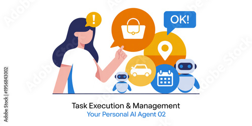 A woman interacting with digital icons representing artificial intelligence and task automation Vector