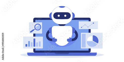 A friendly robot performing digital data analysis on a laptop screen with various business charts Vector