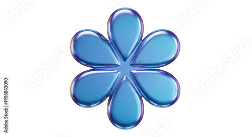 A shiny blue metallic six petaled flower shape with a smooth gradient and rounded finish design