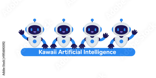 A group of four friendly kawaii robots waving their hands above a blue artificial intelligence sign Vector