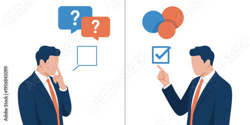 A businessman contemplating questions and a businessman pointing at a confirmed solution choice Vector